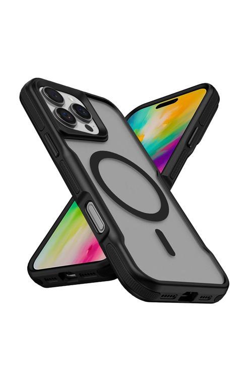 İphone 16 Pro Uyumlu Magsafe Şarj Özellikli Renkli Kenar Airbag Şeritli Lamer Kapak-Siyah