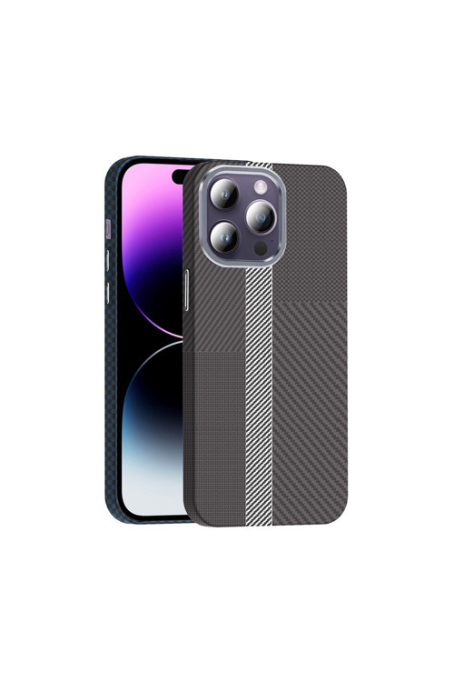 İphone 14 Pro Max Kılıf Magsafe Şarj Özellikli Karbon Fiber Görünümlü Kth Gros Kapak - Gri-Siyah