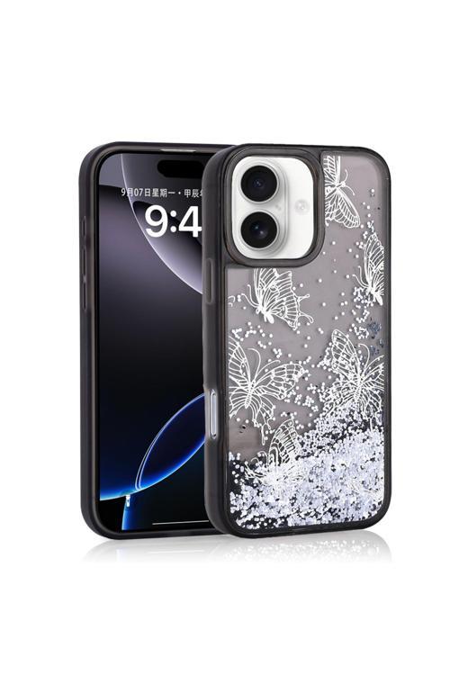 İphone 16 Kılıf Sıvılı Simli Kelebek Baskılı Şeffaf Arka Yüzey Glis Silikon Kapak - Siyah