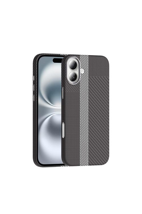 İphone 16 Plus Kılıf Magsafe Şarj Özellikli Karbon Fiber Görünümlü Kth Gros Kapak - Gri-Siyah