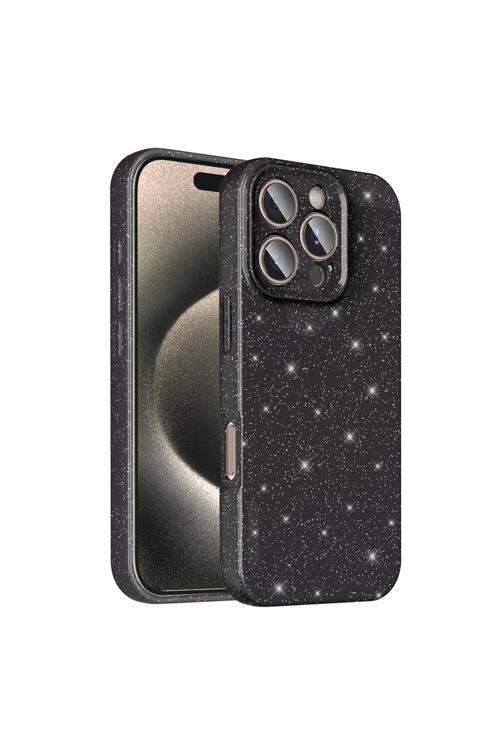 İphone 16 Pro Kılıf Kamera Korumalı Simli Lüks Gngh Koton Kapak - Siyah