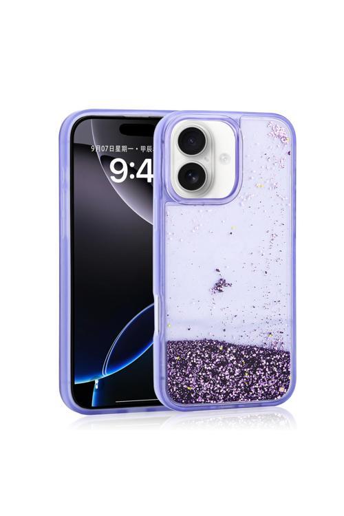 İphone 16 Uyumlu Kılıf Sıvılı Simli Şeffaf Arka Yüzey Zore Keto Silikon Kapak-Mor