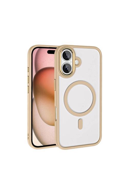 Apple İphone 16 Plus Kılıf Wireless Şarj Özellikli Krom Magsafe Silikon Kapak-Gold