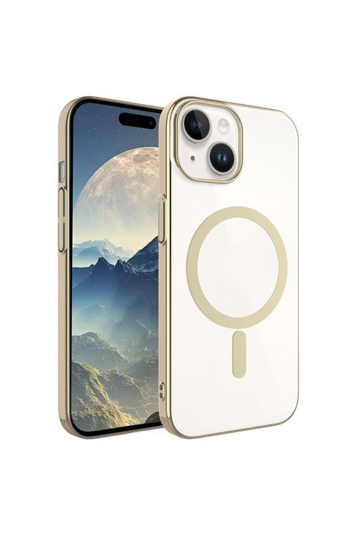 İphone 15 Uyumlu Wireless Şarj Özellikli Pixel Magsafe Kılıf-Gold