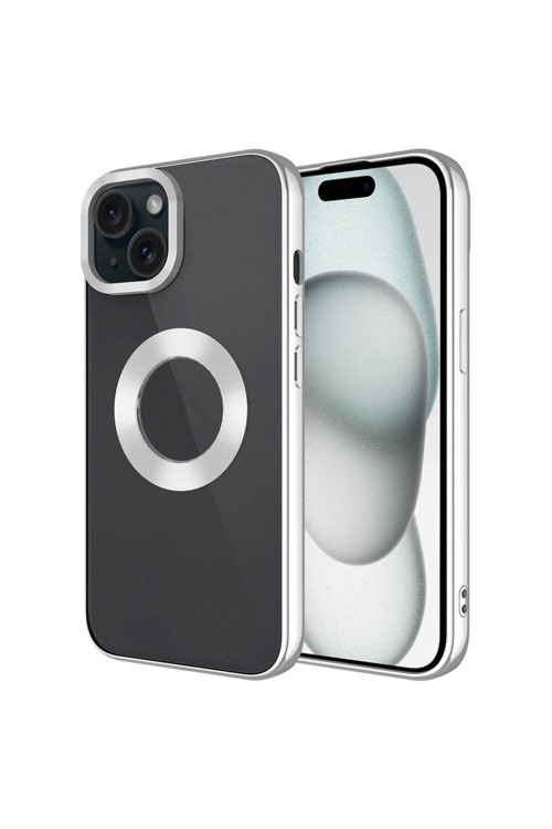 İphone 15 Plus Uyumlu Tek Kamera Çerçeveli Logo Gösteren Omega Kılıf-Gümüş