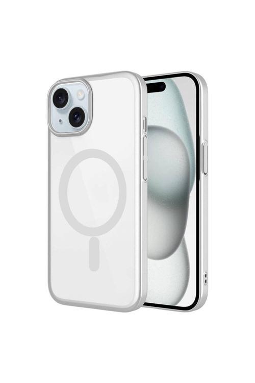 İphone 15 Uyumlu Wireless Şarj Özellikli Sert Pc Mat Riksos Magsafe Kılıf-Gümüş