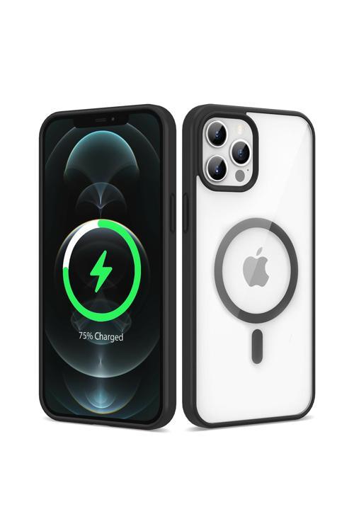 İphone 12 Pro Max Uyumlu Magsafe Wireless Şarj Özellikli Silikon Ege Kılıf-Siyah