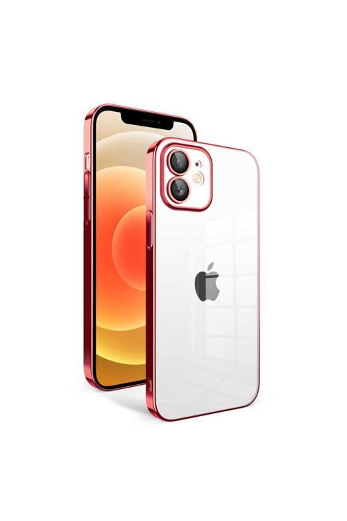 İphone 12 Uyumlu Kamera Korumalı Renkli Çerçeveli Garaj Kılıf-Kırmızı