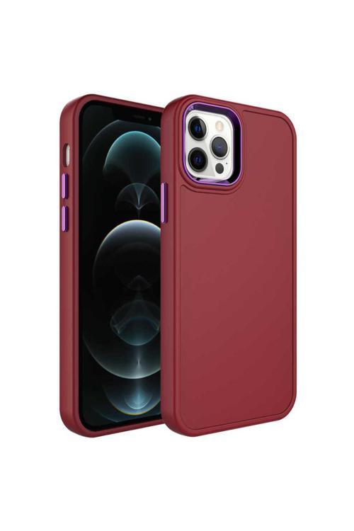 İphone 12 Pro Max Uyumlu Metal Çerçeve Ve Buton Tasarımlı Sert Botox Kılıf-Koyu Mor
