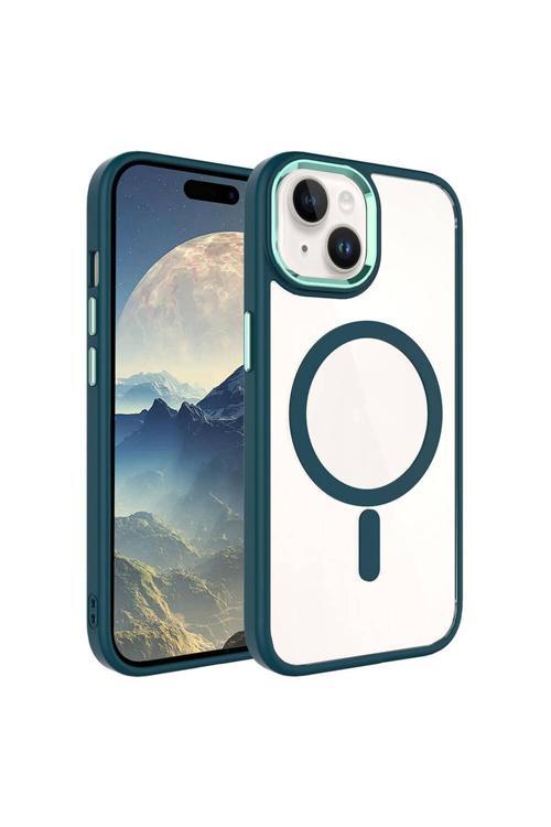 İphone 15 Plus Uyumlu Wireless Şarj Özellikli Zore Krom Magsafe Silikon Kılıf-Koyu Yeşil