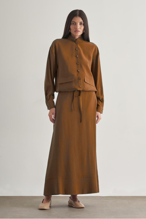 Taba Modal Karışımlı Camel Maksi Evaze Etek