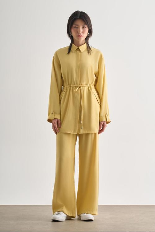 Çift Cepli Beli İp Büzgülü Modal Sarı Tunik
