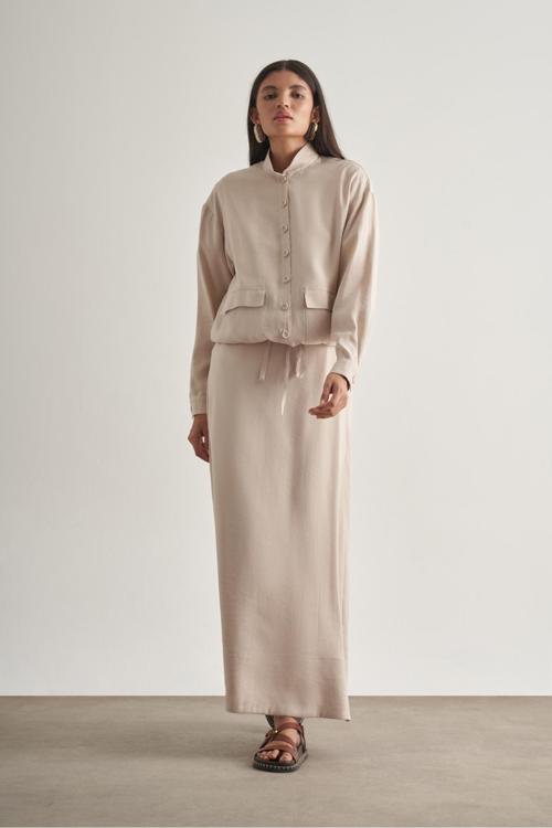 Modal Karışımlı Taş Rengi Maksi Evaze Etek