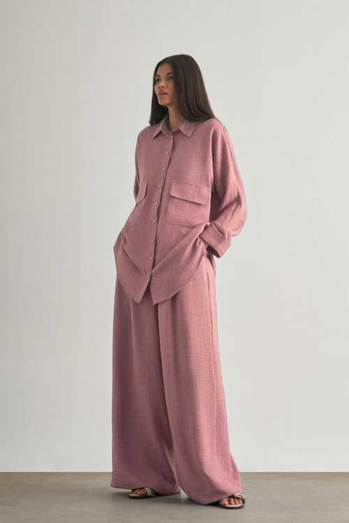 Keten Dokulu Beli Lastikli Pudra Pembe Bol Kesim Pantolon