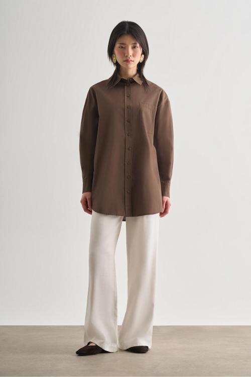 Premium Saf Pamuk Kahverengi Oversize Gömlek