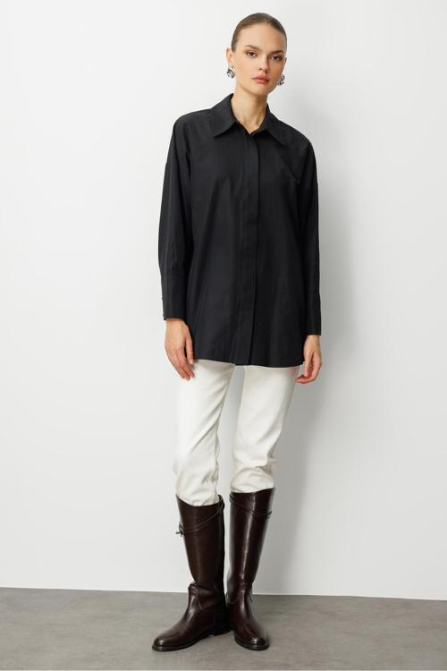 Geniş Patlı Pamuklu Siyah Tunik