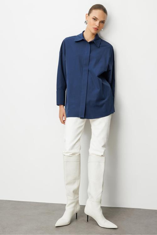 Geniş Patlı Pamuklu Lacivert Tunik