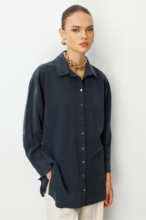 Yan Düğmeli Siyah Cupro Tunik