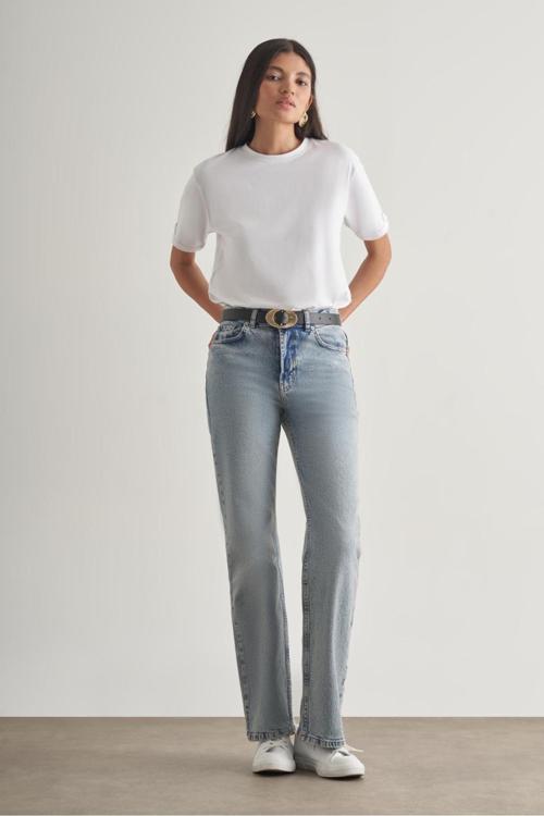 Straight Fit Yüksek Bel Mavi Denim Pantolon