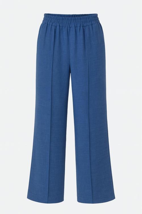 Keten Dokulu Beli Lastikli Indigo Mavi Bol Kesim Pantolon