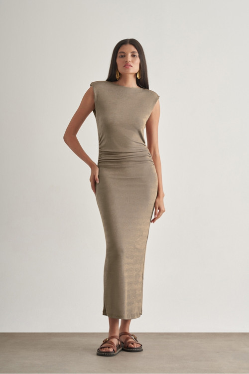 Yan Büzgü Detaylı Vatkalı Uzun Kolsuz Vizon Bodycon Elbise