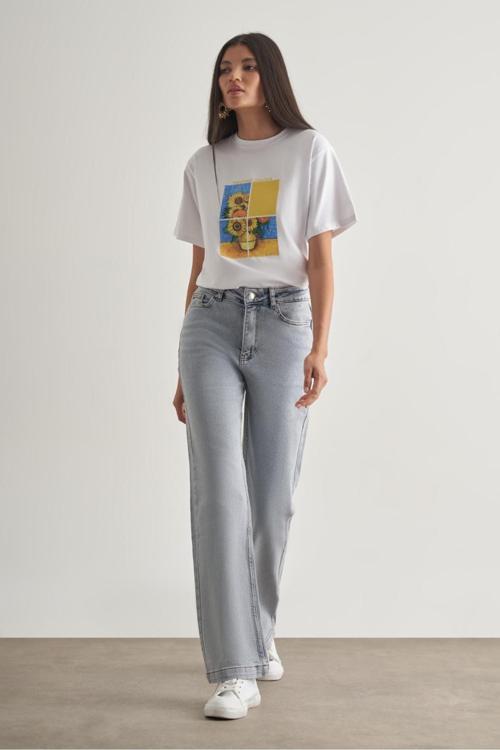 Geniş Paça Yüksek Bel Kar Mavi Denim Pantolon