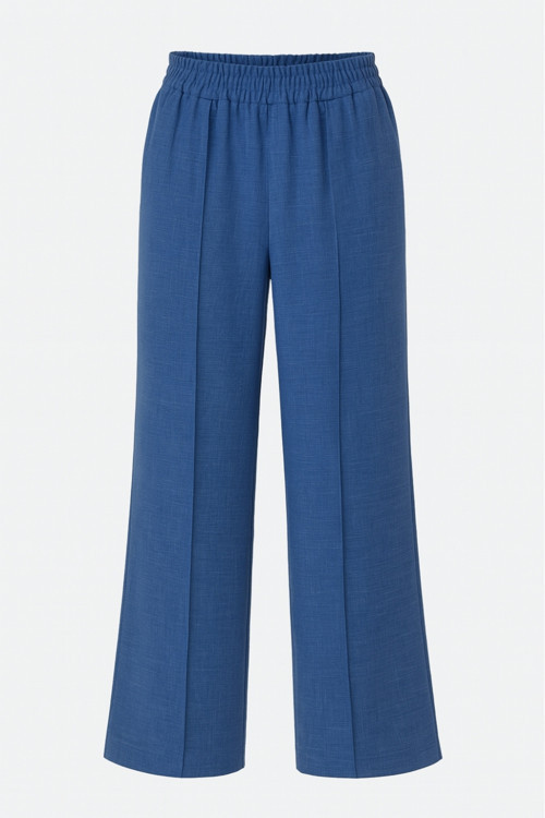Keten Dokulu Beli Lastikli Indigo Mavi Bol Kesim Pantolon