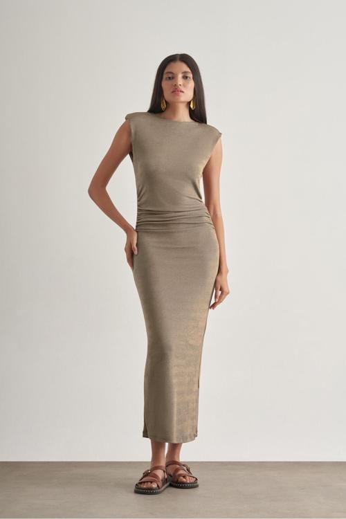 Yan Büzgü Detaylı Vatkalı Uzun Kolsuz Vizon Bodycon Elbise