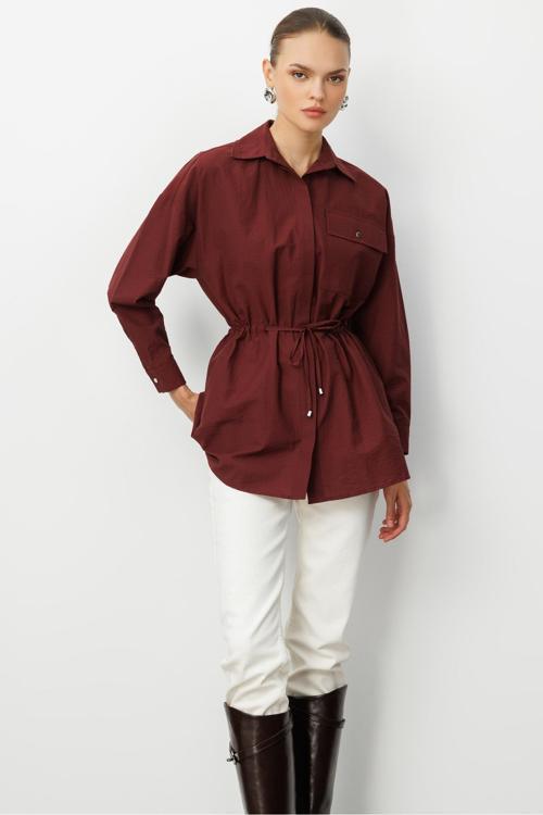 Beli İp Büzgülü Bordo Paraşüt Trençkot Tunik
