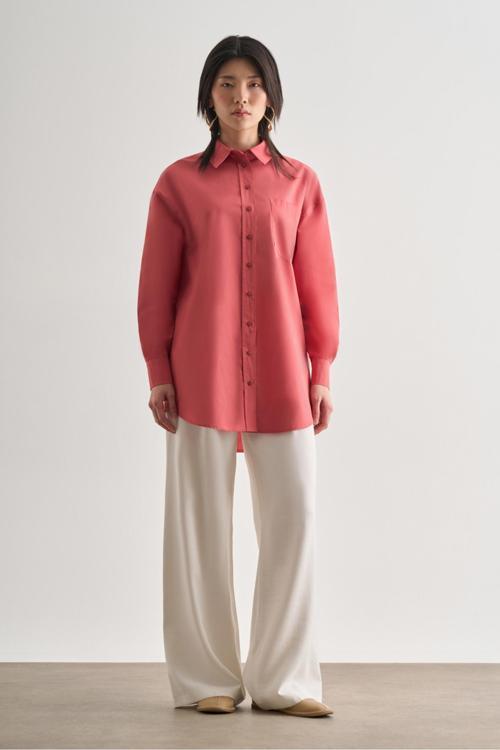 Premium Saf Pamuk Şeftali Rengi Oversize Gömlek