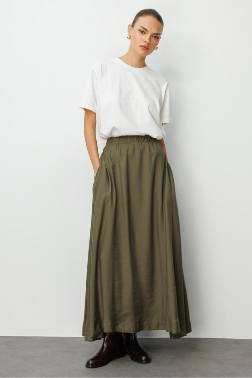 Modal Karışımlı Haki Beli Lastikli Maksi Etek