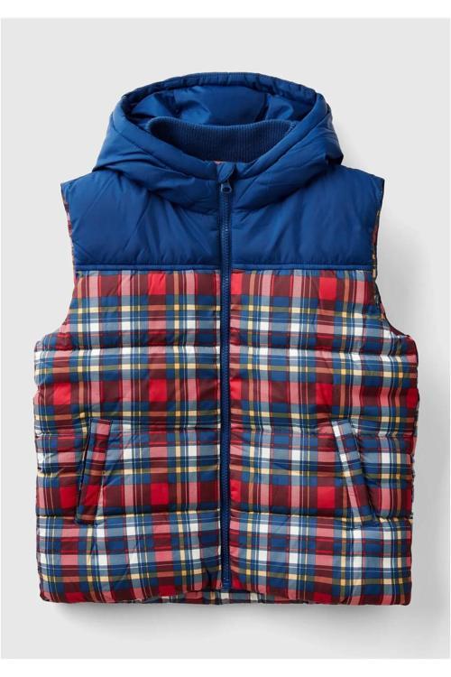 Erkek Çocuk Mavi Mix Desenli Kapüşonlu Pufa Yelek J00S