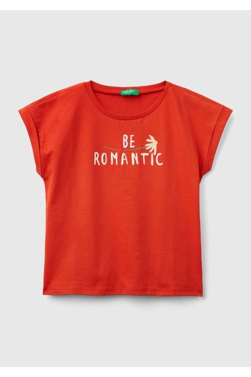 Kız Çocuk Kırmızı Önü Parlak Grafik Baskılı Kıvrık Kollu Bisiklet Yaka Tişört