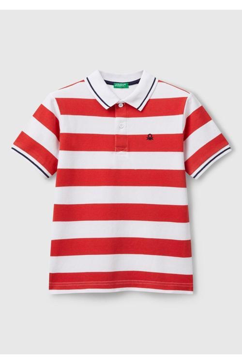 Erkek Çocuk Kırmızı Mix Çizgili Logo İşlemeli Polo T-Shirt