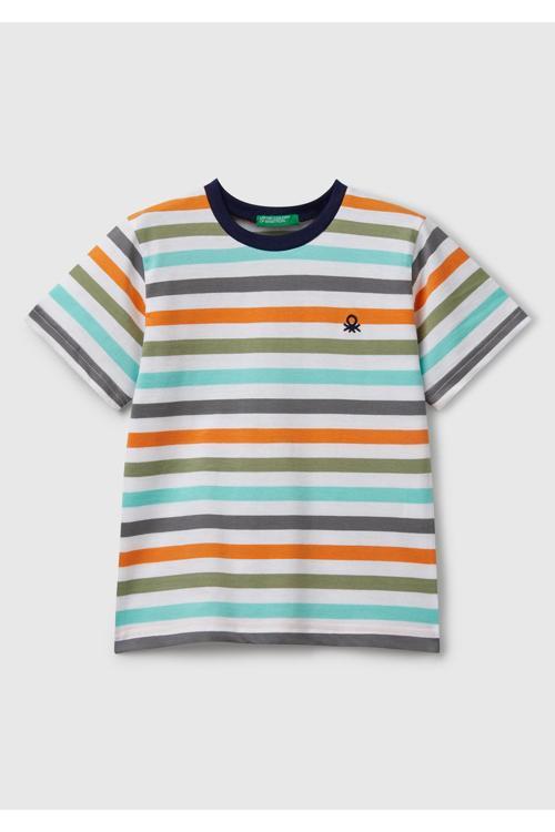 Erkek Çocuk Turkuaz Mix Çizgili Önü Logo İşlemeli T-Shirt