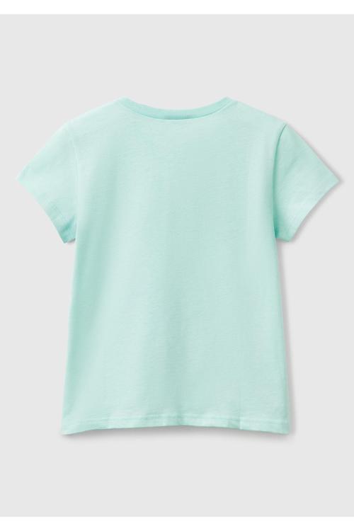 Kız Çocuk Su Yeşili Simli Logo Baskılı T-Shirt