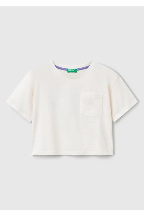 Kız Çocuk Ekru Arkası Baskılı Yama Cepli T-Shirt