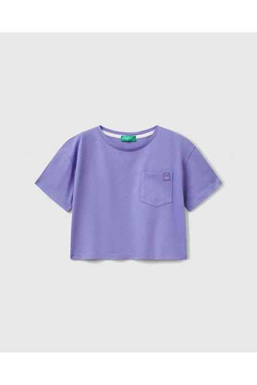 Kız Çocuk Mor Arkası Baskılı Yama Cepli T-Shirt