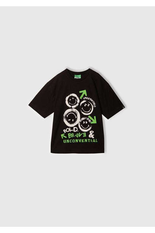Erkek Çocuk Siyah Smiley World Baskılı Logo Etiketli T-Shirt