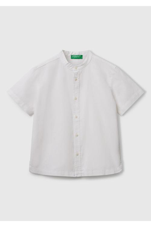 Erkek Çocuk Ekru Keten Karışımlı Hakim Yaka Kısa Kollu Gömlek