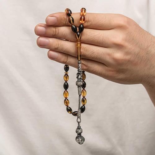 Gümüş Kazaz Püsküllü Sıkma Kehribar Tesbih (BC-E401FC)