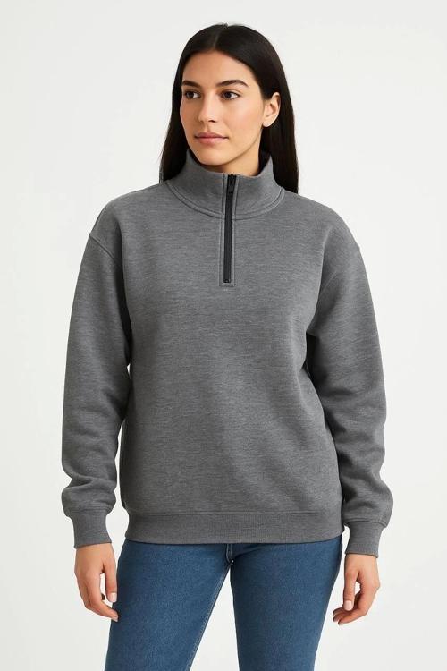 Kadın Üç İplik Dık Yaka Yarım Fermuarlı SweatShirt - Antrasit