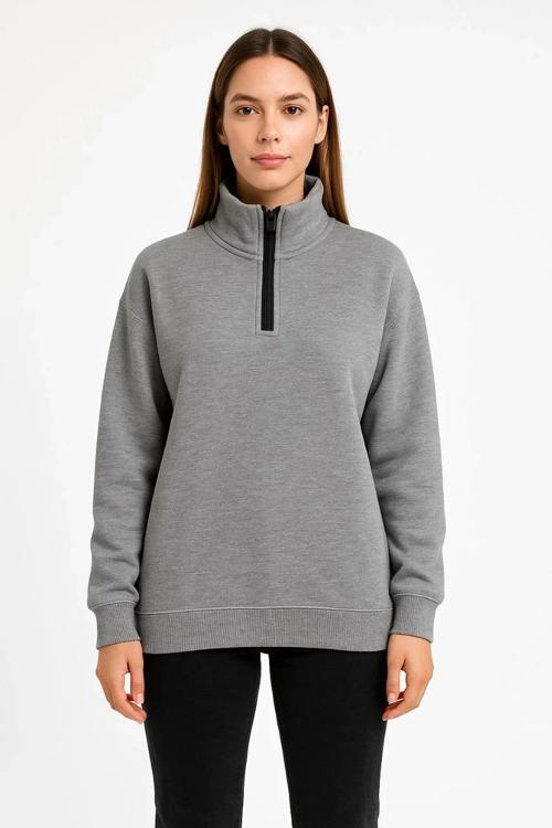 Kadın Üç İplik Dık Yaka Yarım Fermuarlı SweatShirt - Gri