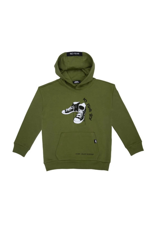 Erkek Çocuk Kapişonlu Baskılı Sweatshirt - Askeri Yeşil