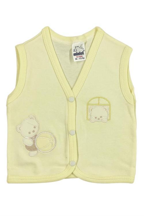 Unisex Bebek Ayıcık Nakışlı Organik Pamuklu 3-6-9 Ay Penye Bebek Yelek - Sarı