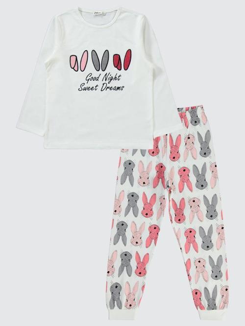 Büyük Tavşan Empirme 6-9 Yaş Pijama Takımı - Ekru6-7 Yaş