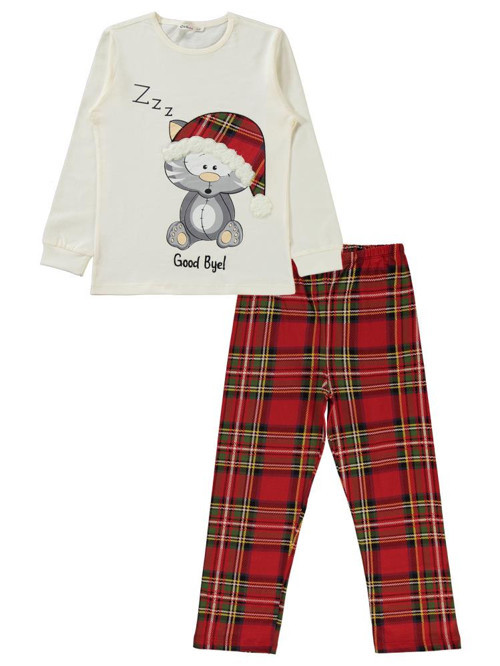 Kedi Baskılı 10-13 Yaş Pijama Takımı - Ekru12-13 Yaş