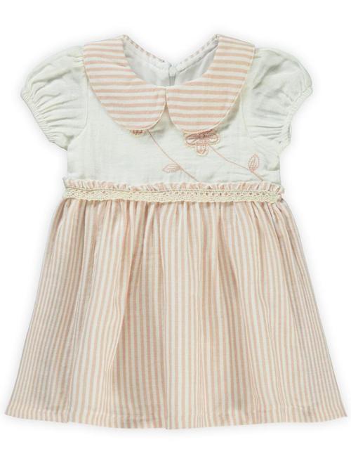 Çiçek Nakışlı Çizgili 1-3 Yaş Elbise - Pudra2-3 Yaş
