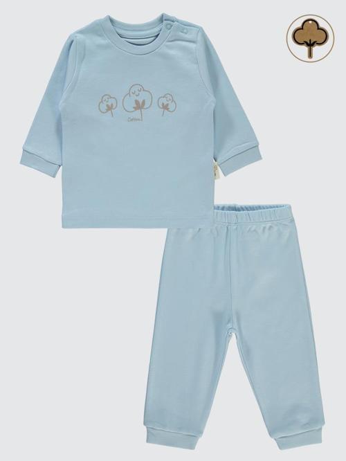 Organic Pamuklu Omuzdan Patlı 1-9 Ay Pijama Takımı - Mavi1-3 Ay
