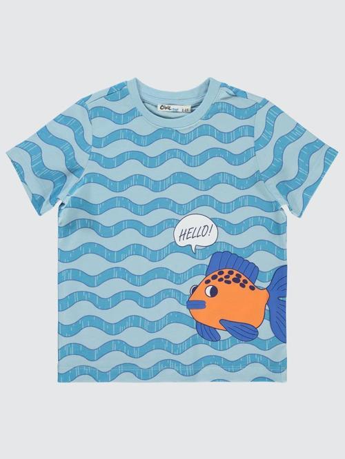 Dalga Empirmeli Balık Baskılı 2-5 Yaş Tişört - Mavi2-3 Yaş